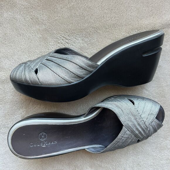 Cole Haan Metallic Silver Open Peep Toe Wedge Slip On Slide Sandal Women’s 8 B - Picture 1 of 16